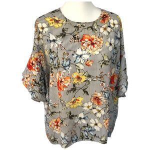 Ellen Weaver Black/White Striped Floral Boho 3/4 Ruffle Sleeve Blouse Top Sz‎ L